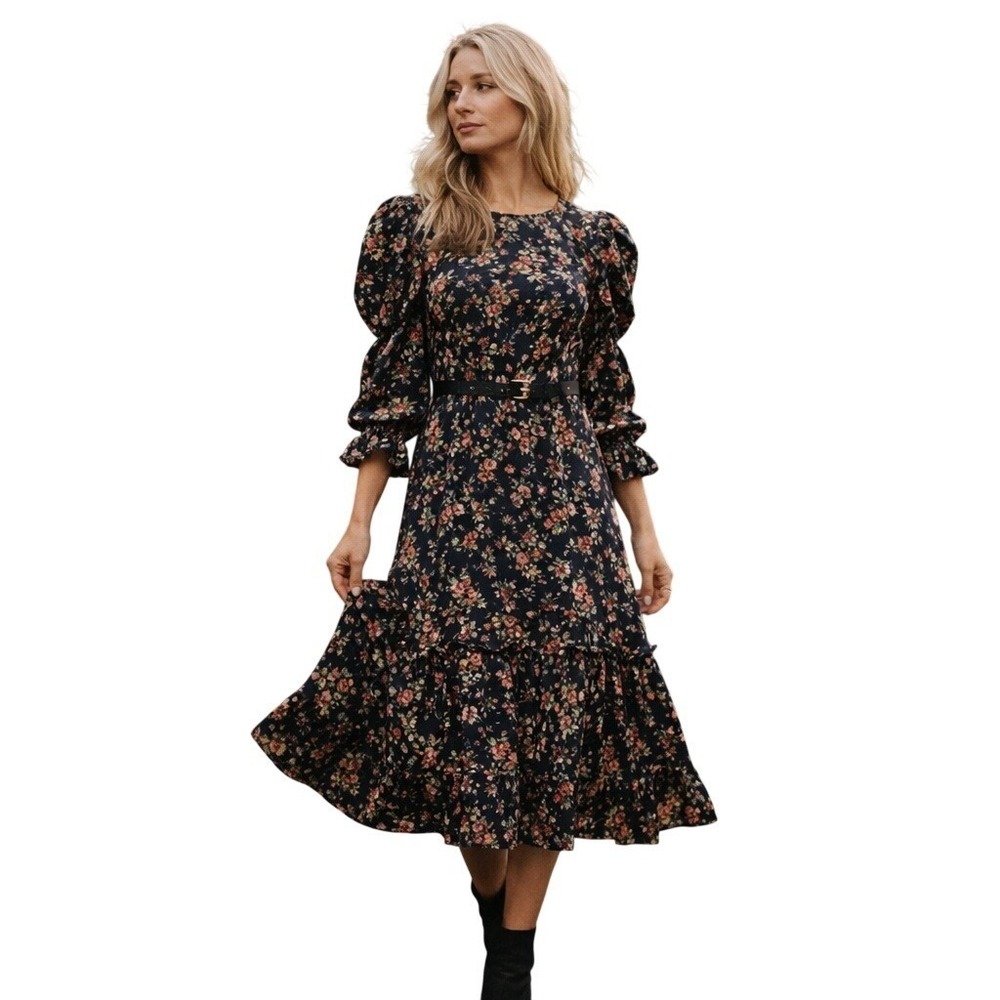 BLACK HALO NWT $395 Garden Party 100% Cotton Garden Glw Puff Sleeve Midi Dress 8